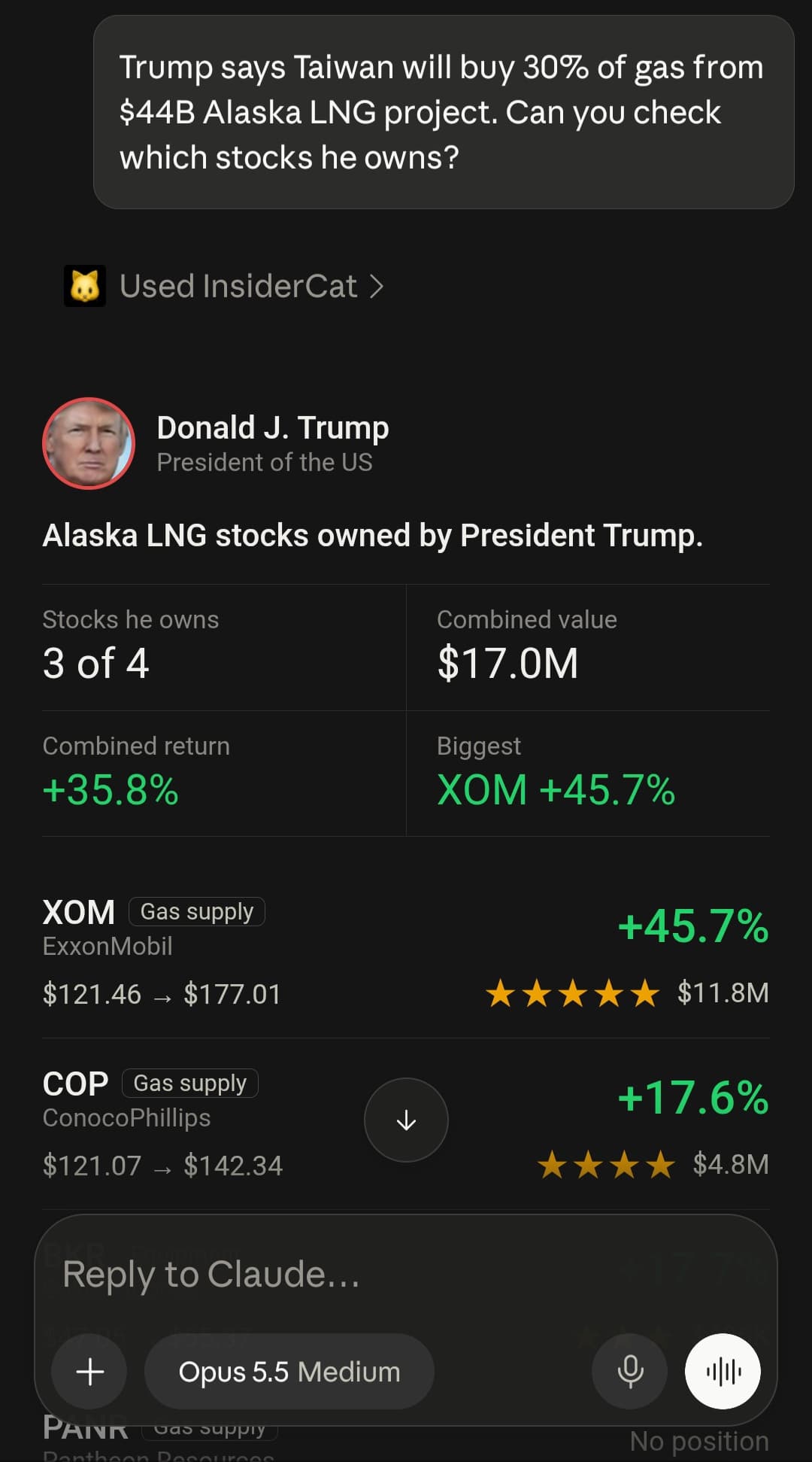 Claude using the InsiderCat connector to show which Alaska LNG stocks President Trump owns, with value and return for each